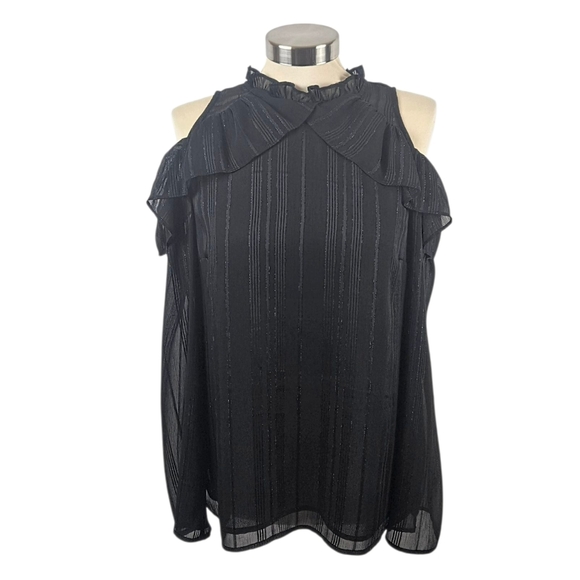 WAYF Black Ruffled Cold Sboulder Blouse - Picture 1 of 13